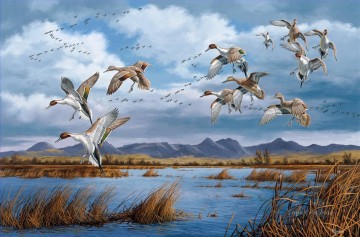 Animal Painting - migración de ánades reales en aves de otoño